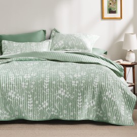 Bedsure Floral Quilt Set King - Reversible Mint Green Botanical Quilt Bedding Set, 3 Pieces Lightweight Bedspread, Soft Microfiber Coverlet with 2 Pillow Shams for All Seasons (106"x96")