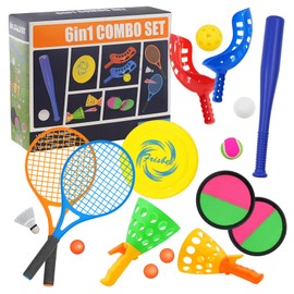 The Magic Toy Shop 6 Games in 1 Sports Set – 19 Pcs Bat, Racket, Toss, Catch, Ball & Frisbee, Indoor Outdoor Play – Lightweight, Builds Motor & Social Skills – Families, Camping, Beach, Garden & Park
