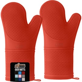 GORILLA GRIP Heat Resistant Durable Long Silicone Oven Mitts, 14.5x8.3, BPA-Free Protective Grilling Potholders, Soft Cotton Lining, Flexible Waterproof Cooking Mitt Set, Kitchen Essentials, Coral