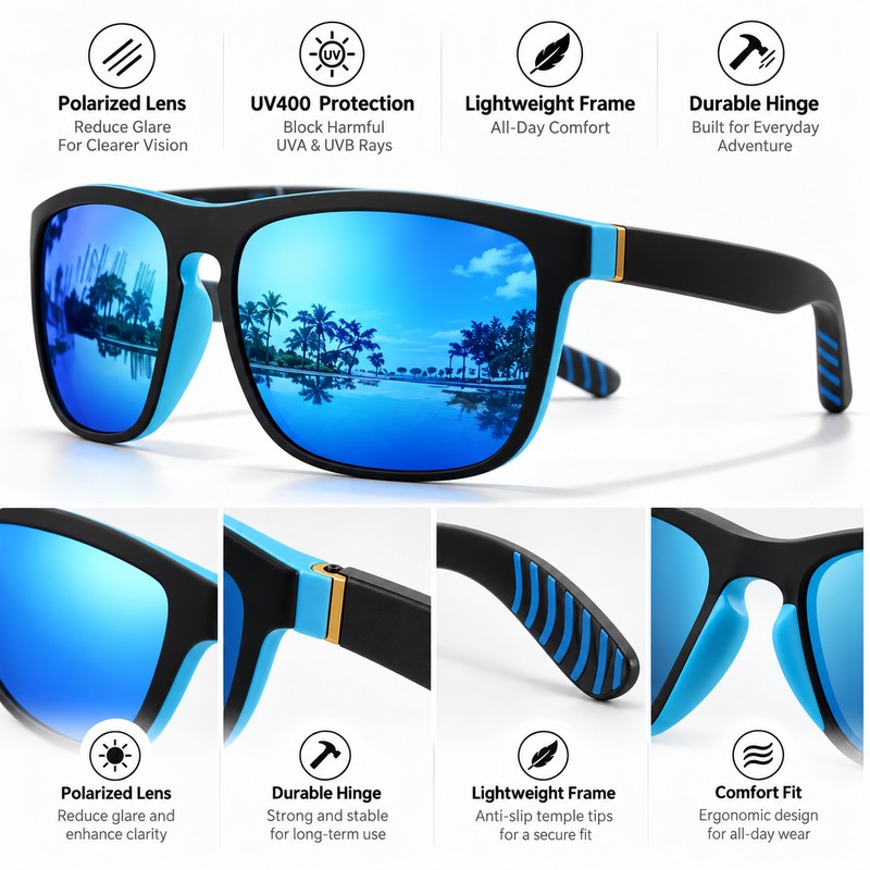 Polarized Square Sunglasses for Outdoor Use – Lightweight UV400 PC