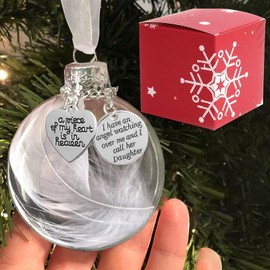 Clear Christmas Memorial Ornament Feather Ball, A Piece of My Heart is in Heaven Loss of Loved One Daugter Christmas Tree Hanging Sympathy Gift with Silk Ribbon & Red Gift Box