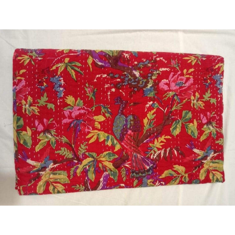 Radhykrishnafashions Indian Vintage Reversible Queen/Twin Bird Print Pure Cotton Kantha