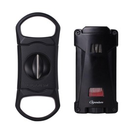 Cigar Lighter V Cutter Set, Triple Torch Jet Flame W/Punches Deep V-Cut Combo