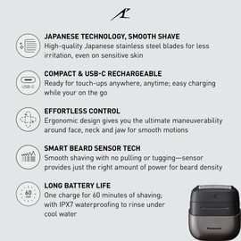 Panasonic Swipe Right Travel Shaver for Men, Portable Electric Razor with USB-C Charging, 3-Blade Cutting System and Beard Sensor Technology, Wet/Dry Use - ES-CM3A-K