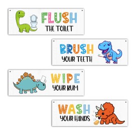 4 Pcs Cute Dinosaur Bathroom Wall Decor Sign, Bathroom Wall Art Decor Gift For Kids, Flush The Toilet Wash Your Hands Wooden Hanging Plaque Sign For Home Bathroom Restroom Nursery Kindergarten -17
