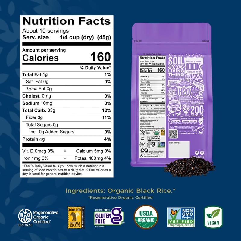 Lundberg Black Pearl Rice, Regenerative Organic Certified – Full-Bodied Black