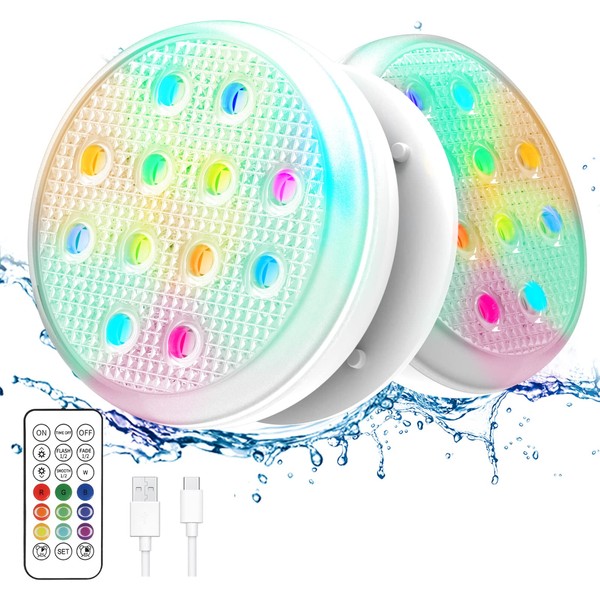 Ueyake - Luces LED sumergibles recargables con mando a distancia, imán integrado, 16 luces flotantes que cambian de color, IP68 luces subacuáticas impermeables para bañeras, jacuzzis, decoración de piscina (2 unidades)