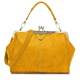 Women Vintage Small Retro Handbags Kiss Lock Crossbody Purse Frosted Leather Messenger Bag Tote (Yellow)
