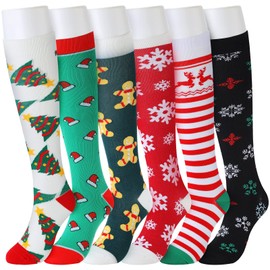 Foaincore 6 Pairs Christmas Socks Colorful Patterned Winter Compression Socks Novelty Women Christmas Stocking Fancy Soft Thick Christmas Running Socks Festive Holiday Socks for Women Men