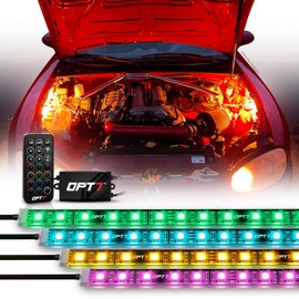 OPT7 Aura Engine Bay RGB LED Light Kit with Remote Control, 4 pc 12" Waterproof Under Hood Light Strips, Multicolor Mode, Exterior Neon Accent Lighting for Cars Trucks SUVs Vans, Universal Car Decor