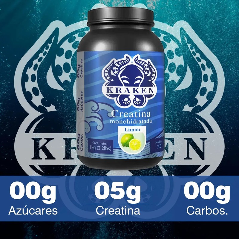 Creatina Monohidratada Kraken 1kg Sabores 200 Servicios