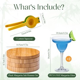 USEEKRIL 3-Tier Bamboo Margraita Salt Rimmer Set with 2 Glass&Lemon Squeezer,Margraita Kit Gift Set,Salt&Sugar Rimmer for Drinks,Glass Rimmer Tools with Magnetic Swivel Lid for Bartenders,Parties