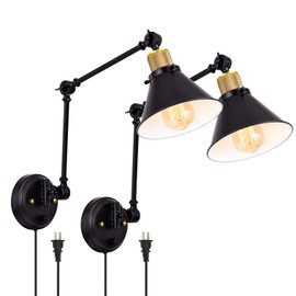 TRLIFE Plug in , Dimmable Wall Sconce Swing Arm Wall Lights Plug in Wall Mounted Light with 6FT Plug in Cord, E26 Base, UL Listed(Two Arms, 2 Pack)