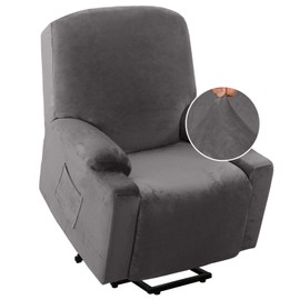 H.VERSAILTEX Rich Velvet Stretch Recliner Slipcovers 1 Piece Electric Power Lift Recliner Chair Cover Fitted Standard Large Power Lift Recliner with Side Pocket, Soft and Thick (Single Seat, Grey)