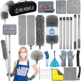 HLWDFLZ Microfiber Duster Kit 25pcs with 30 to 100 Inches Extension Pole and Baseboard Cleaner Tool, Washable and Bendable Feather Duster for Cleaning Ceiling Fans, High Ceilings, Cobwebs, Blinds,Grey