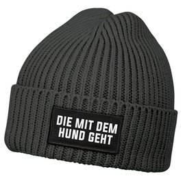 MoonWorks® Women's Beanie with Patch, Knitted Hat with Saying "Die mit dem Hund geht (Die mit dem Hund geht"), dog goes dark grey