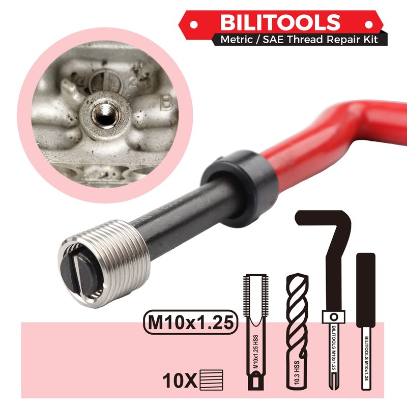 BILITOOLS M10x1.25 Thread Repair Kit, HSS Drill Helicoil Repair Kit
