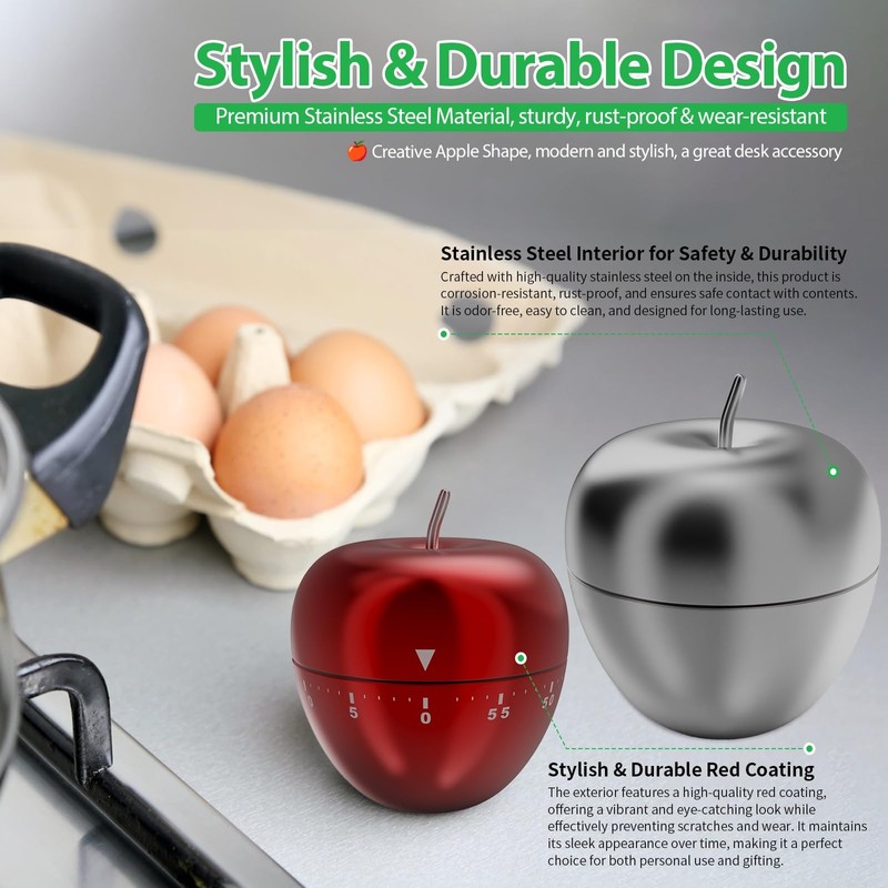 Mechincal Apple Timer，Kitchen Timer Stainless Steel Rotating Alarm 60 Minutes