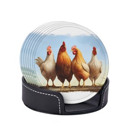 Niukom 6 Pcs Chicken and Roosters Watercolor Farm Animal Leather Coasters for Drinks with Holder Coaster Sets Drink Table Cup Coasters for Living Room Kitchen Coffee Decor