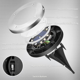 Solar Floor Light, Solar Light for Garden, 12 LEDs, Pack of 4, Warm White, Garden Lights, Stainless Steel, Waterproof for Outdoors, Garden, Patio, Lawn, Yard, Walkway