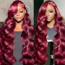 Dorashion 99j Burgundy Lace Front Wigs Human Hair 28 Inch Red Burgundy Wig Human Hair 13x4 HD Transparent Body Wave Lace Front Wigs Human Hair 180 Density Pre Plucked Glueless Frontal Wig for Women