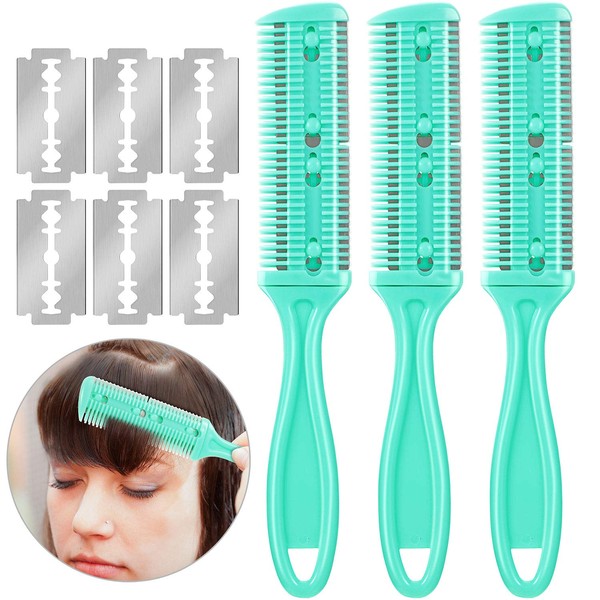 3 Pieces Razor Comb with 10 Pieces Razors, Hair Cutter Comb Cutting Scissors, Double Edge Razor, Hair Thinning Comb Slim Haircuts Cutting Tool (Green)