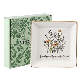 VINCOMIC Friendship Christmas Gifts for Women Friends, Ring Trinket Dish, Jewelry Tray-A Sweet Friendship Refreshes the Soul, Ceramic White