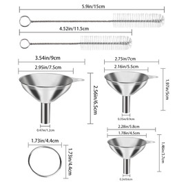 6 Pcs Stainless Steel Mini Funnels for Kitchen use. Large Tiny Small Funnel Set of 3, Metal Cooking Powder Food Grade Flask Funnels for Filling Bottles Liquor Water Spice, 2Pcs Cleaning Brushes VOPTON