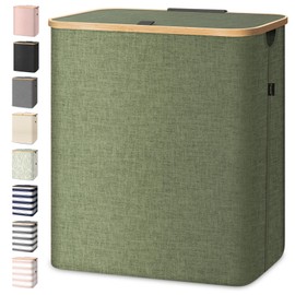 BALEINE Laundry Hamper with Lid, Tall Laundry Baskets with Bamboo Pull Handles, Large Laundry Bin with Internal Support (36 Gal/140L, Green)