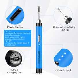 Cordless Soldering Iron Kit, USB Soldering Iron with 3 Temperature Adjustable 300℃-450℃, 3 Soldering Tips, Mini Stand, Solder Wire, Solder Paste, Solder Iron Set for Welding Repair - Blue