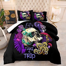 Suncloris Gothic Skull Comforter Set, Trippy Mushroom Floral Skull Skeleton Bedding Bedspread for Kids and Adults, Psychedelic Skeleton Mushroom Quilt Bedroom Decor with 2 Pillow Cases (01, Queen)