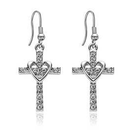 SENFAI Fashion Heart with Crystal Cross Personality Drop Earrings Charm Women Girls (Silver)