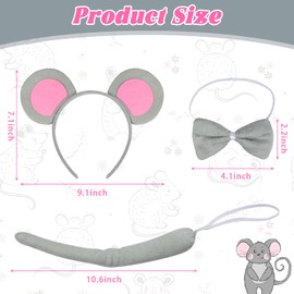 12PCS Mouse Costume Set, Mouse Ears Headband, Bow Tie and Tail, Kid Adults Headband Tail Animal Dress Up Set, Mouse Animal Costume Headpiece for Cosplay Birthday Party Carnival