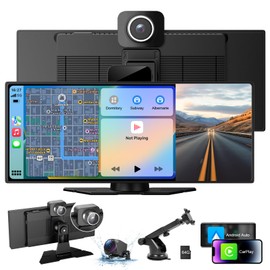 10.26" Wireless CarPlay & Android Auto Screen with 4K Dash Cam, GPS Navigation, Bluetooth, Backup Camera, Touchscreen Portable Car Stereo for All Vehicles, Easy Dashboard Mount