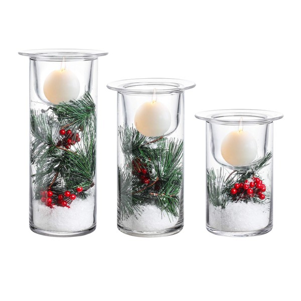WHOLE HOUSEWARES Glass Hurricane Candle Holders with Decorative Christmas Ornaments - 3-Piece Clear Glass Cylinder Candle Holder - Tabletop Centerpiece Home Decoration for Festivities and Parties