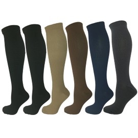 6 Pair Large/X-Large Ladies Compression Socks, Medium Compression 15-20 mmHg. Therapeutic, Occupational, Travel & Flight, Knee-High (1 Tan, 1 Brown, 1 Blue, 1 Grey, 2 Black)