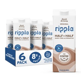 Ripple Plant Based Milk | 8g of Pea Protein | Shelf Stable | Vegan & Non GMO | Dairy, Soy, Nut, Gluten, & Lactose Free 32 Fl Oz (32 Fl Oz (Pack of 6), Half & Half)