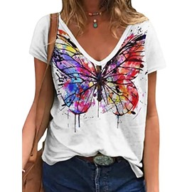 Women's Simple Butterfly T-Shirt Funny V-Neck Casual Animal Lover Graphic Tees Tops(525-as Shown,XL)