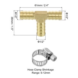 sourcing map 2pcs Brass Tee Barb Fittings, 3-Ways Tee 1/2" x 1/2" x 1/2" Barbed Hose Reducer, Tee Brass Barb Fitting Reducer with 6pcs Hose Clamps for Water Fuel Air
