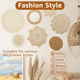 7 Pack Boho Wall Basket Decor Set Woven Rattan Wicker Baskets Boho Wall Art Hanging Woven Wall Basket Decor, Round Farmhouse Wall Hanging Baskets Rustic Flat for Decorating Living Room (Style 1)