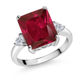 Gem Stone King 925 Sterling Silver Red Created Ruby and Lab Grown Diamond 3-Stone Engagement Ring For Women | 5.98 Cttw | Octagon 12X10MM | Gemstone July Birthstone | Size 7