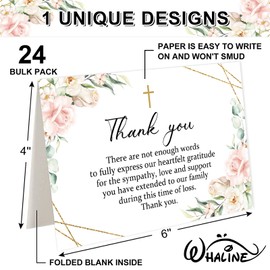 Whaline 24Pcs Funeral Thank You Card Pink Flower Sympathy Thank You Card with Sticker Envelope Floral Bereavement Cards for Memorial Service Loved Ones Celebration of Life