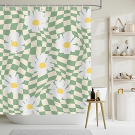 APROPHIC Shower Curtain Flowers 180 x 180 cm, Art Daisy Flowers Shower Curtains Fun Plaid Bathroom Shower Curtain Farmhouse Art Deco with 12 Hooks