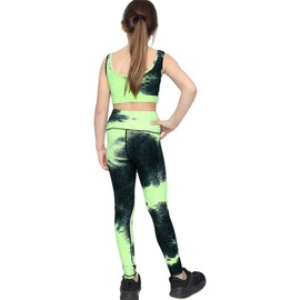 A2Z 4 Kids Girls Honeycomb Leggings Crop Top Vest Bottoms Gym Outfit Set - Yoga Set Green 9-10