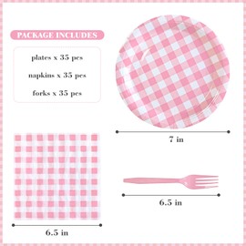 WYQJHKV Serve 35 Guests Pink Gingham Party Supplies Include 7 Inch Disposable Pink Dessert Paper Plates and Napkins for Wedding Baby Shower Birthday Party(105 Pcs)