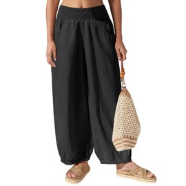 Hooever Women's Cotton Linen Pants Summer High Waisted Wide Leg Palazzo Pant Flowy Beach Trousers(Black-M)