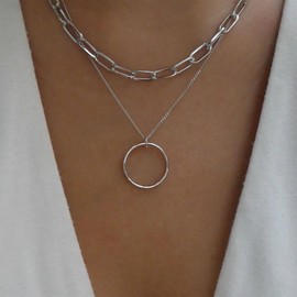 TseenYi Layered Open Circle Necklace Circle Ring Necklace Silver Layered Choker Necklace Chunky Paperclip Chain Layering Necklace Paper Chain Link Necklace Jewelry for Women and Girls