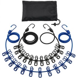 Travel Clothesline 2 Pack with 24 Clips, Portable Elastic Laundry Line with Hooks and Storage Bag for Hotel, Camping, RV and Cruise, Black & Blue