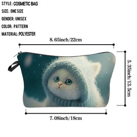 Livel lhood Chubby White Cat Makeup Bag Adorable Kitten Pattern Small Toiletry Organizer Zipper Pouch Kitty with Blue Woolen Hat Cosmetic Bag Present for Cat Lovers Cat Mom Women