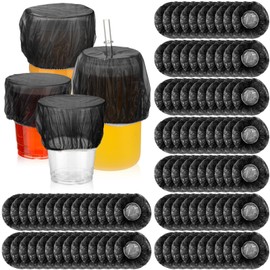 Baderke 100 Pcs Scrunchie Drink Covers Bulk Disposable Plastic Covers for Cups, Beverage Protection Cover for Christmas Bar Club Adult Drink Beverage Stretchable(Clear Black)